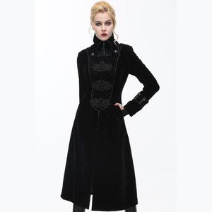 Gothic Coat, Long black velvet women coat with black trimming and high neck, ele
